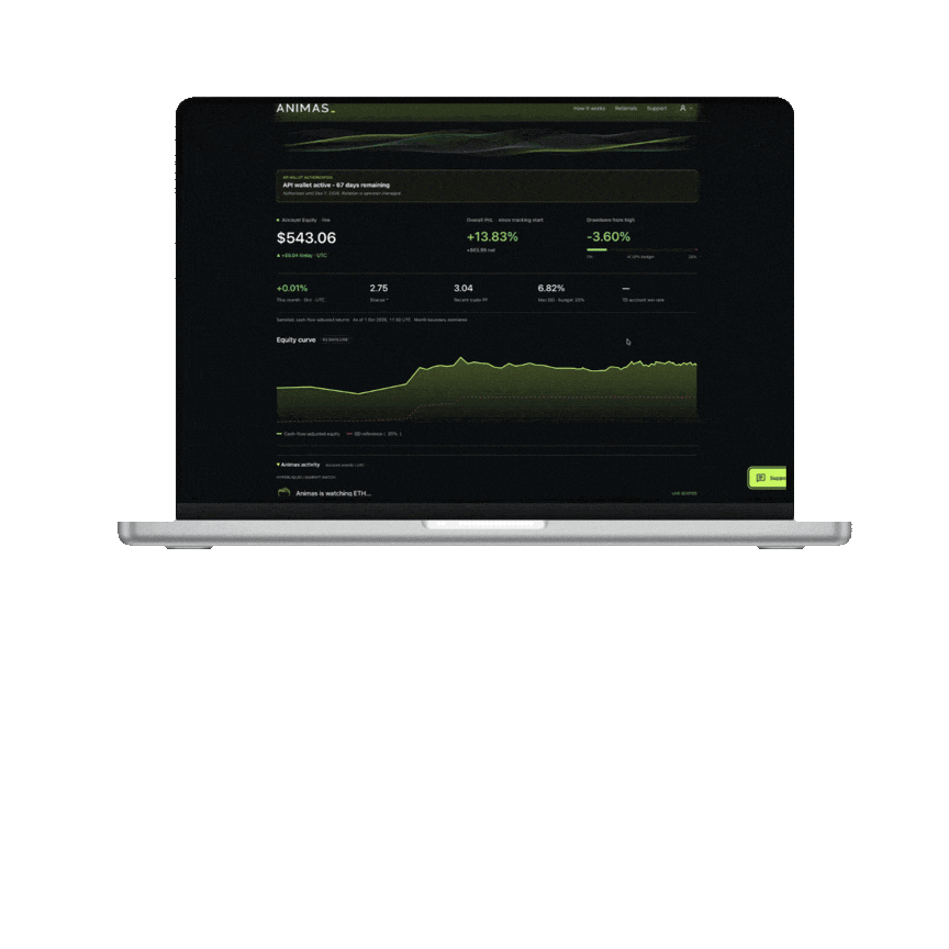 Animated laptop showing the Animas trading dashboard